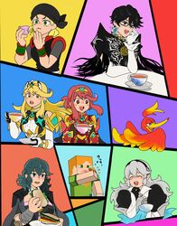  6+girls alex_(minecraft) arms_(game) bag banjo-kazooie bayonetta bayonetta_(series) bayonetta_2 black_hair blonde_hair blue_eyes blue_hair bowl_cut box_body breasts byleth_(female)_(fire_emblem) byleth_(fire_emblem) corrin_(female)_(fire_emblem) corrin_(fire_emblem) fire_emblem fire_emblem:_three_houses fire_emblem_fates food gem glasses hat headpiece highres kazooie_(banjo-kazooie) min_min_(arms) minecraft mole mole_under_mouth multiple_girls mythra_(massive_melee)_(xenoblade) mythra_(xenoblade) pointy_ears pyra_(xenoblade) short_hair simple_background spirit_(super_smash_bros.) super_smash_bros. swept_bangs tiara xenoblade_chronicles_(series) xenoblade_chronicles_2 ya_tudoki15 