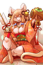  2020 anthro blush breasts brown_hair buckteeth chinese_new_year chinese_zodiac cleavage clothed clothing female flower fur hair hammer holidays jewelry kemono looking_at_viewer mammal murid murine necklace open_mouth plant rat red_eyes rodent setouchi_kurage smile solo tan_body tan_fur teeth tools year_of_the_rat 