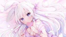  animal_ears bad_id bad_pixiv_id bare_shoulders bed_sheet blue_eyes blush bow breasts cleavage commentary_request dress female hair_between_eyes hairbow hands_up heart holding holding_heart indie_virtual_youtuber long_hair looking_at_viewer lying maeha medium_breasts on_side purple_bow purple_dress rabbit_ears rabbit_girl rabbit_tail shirosaki_bell solo tail very_long_hair virtual_youtuber white_hair 