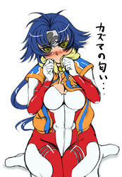  aria_advance blue_hair blush breasts female grey_headband head_tilt headband long_hair medium_breasts pilot_suit plump ponytail sangekimaru sitting super_robot_wars super_robot_wars_w translated yellow_eyes 