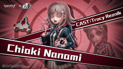  2girls black_jacket black_shirt blunt_bangs brown_skirt buttons character_name collared_shirt danganronpa_(series) danganronpa_2:_goodbye_despair dress_shirt flipped_hair galaga hair_ornament hairclip hand_up highres hood hooded_jacket identity_v jacket looking_at_viewer medium_hair multiple_girls nanami_chiaki neck neck_ribbon official_art open_mouth pink_eyes pink_hair pleated_skirt ribbon ribbon-trimmed_clothes ribbon_trim shirt skirt sleeves_past_wrists solo_focus spaceship_hair_ornament teeth third-party_source tracy_reznik white_shirt 