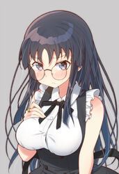  assault_lily bare_arms bare_shoulders bespectacled black-framed_eyewear black_hair black_ribbon black_skirt blush breasts buttons closed_mouth collared_shirt commentary_request female fingernails frilled_shirt frills frown glasses grey_background hand_on_own_chest hand_up high-waist_skirt jewelry large_breasts long_hair looking_at_viewer neck_ribbon purple_eyes ribbon ring round_eyewear school_uniform shirai_yuyu shirt sidelocks simple_background skirt skull573 sleeveless sleeveless_shirt solo suspender_skirt suspenders upper_body white_shirt yurigaoka_girls_academy_school_uniform 