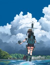  absurdres blue_sky brown_hair cannon cloud cloudy_sky day female from_behind fubuki_(kancolle) fubuki_kai_ni_(kancolle) highres kantai_collection kneehighs laminar_flow machinery ocean outdoors pleated_skirt rigging rudder_footwear scenery school_uniform serafuku skirt sky smokestack socks solo standing standing_on_liquid torpedo torpedo_launcher torpedo_tubes turret walking walking_on_liquid water 