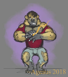  ageaus anthro artifact clothing forebucks forepawz gnoll hyena male mammal ring simple_background solo torn_clothing transformation 