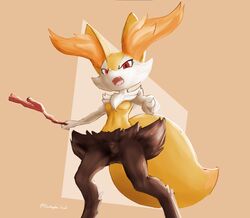  angry anthro big_tail braixen breasts doshigato female fluffy fluffy_tail fur generation_6_pokemon gesture hand_gesture hi_res inner_ear_fluff nintendo null_crotch pointing pointing_at_viewer pokemon pokemon_(species) red_ear_fluff simple_background small_breasts solo tail tuft white_body white_fur yellow_body yellow_fur 