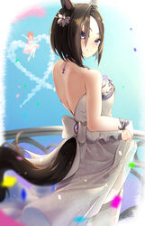  2girls aa_(16rrr16) absurdres air_groove_(quercus_civilis)_(umamusume) air_groove_(umamusume) animal_ears bare_arms black_hair blurry blurry_background blurry_foreground border breasts closed_mouth commentary_request confetti depth_of_field dress flower from_behind hair_flower hair_ornament highres horse_ears horse_girl horse_tail looking_at_viewer looking_back mayano_top_gun_(sunlight_bouquet)_(umamusume) mayano_top_gun_(umamusume) medium_breasts medium_hair multiple_girls official_alternate_costume purple_eyes skirt_hold sleeveless sleeveless_dress smile standing tail umamusume white_dress 