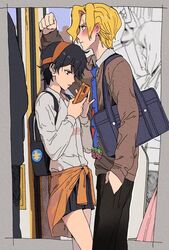  1boy backpack bad_id bad_twitter_id bag black_hair blonde_hair blush cardigan cardigan_around_waist caro_bambino cellphone clothes_around_waist collared_shirt couple earrings female food from_side fruit genderswap_(mtf) hand_in_pocket headband holding holding_phone indoors jewelry jojo_no_kimyou_na_bouken long_sleeves narancia_ghirga necktie pannacotta_fugo parted_bangs patch phone pleated_skirt profile purple_eyes rule_63 school_bag school_uniform shirt short_hair skirt smartphone straight strawberry sweat sweater train_interior vento_aureo 