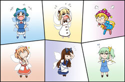  &gt;_&lt; +++ 6+girls :d :i =_= american_flag american_flag_legwear american_flag_print american_flag_shirt apron ascot beret blonde_hair blue_dress blue_footwear blue_hair blue_skirt blue_vest blunt_bangs bow bowtie brown_hair chestnut_mouth chibi cirno clownpiece commentary crying daiyousei dress drill_hair eighth_note fairy_wings flag_print flying_teardrops green_hair hair_ribbon hairbow hand_on_own_chin hand_on_own_forehead hands_in_hair hands_on_own_face hands_on_own_hips hat headdress jester_cap laughing leaning_forward long_hair looking_down luna_child mary_janes multiple_girls musical_note open_mouth pantyhose pinafore_dress pout print_shirt puffy_short_sleeves puffy_sleeves rakugaki-biyori red_bow red_bowtie red_hair red_shirt red_skirt ribbon shirt shoes short_hair short_sleeves side_ponytail skirt sleeveless sleeveless_dress smile smirk solid_oval_eyes split_screen standing star_sapphire sunny_milk tears touhou two_side_up very_long_hair vest waist_apron white_dress white_headwear white_legwear white_shirt wings xd yellow_ascot yellow_bow 