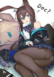  absurdres amiya_(arknights) animal_ears arknights ass bare_shoulders black_pantyhose blue_eyes blush breasts brown_hair choshanland_plushy_(arknights) commentary_request female hair_between_eyes highres jacket jewelry long_hair looking_at_viewer lying on_side oooomiga panties panties_under_pantyhose pantyhose photoshop_(medium) rabbit_ears ring skirt small_breasts solo stuffed_animal stuffed_rabbit stuffed_toy tears thighband_pantyhose thighs underwear 