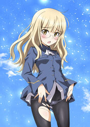  black_pantyhose blonde_hair blue_shirt blush female glasses long_hair long_sleeves lowleg lowleg_panties minpei_ichigo panties panties_under_pantyhose pantyhose perrine_h._clostermann shiny_skin shirt solo standing strike_witches torn_clothes torn_pantyhose underwear world_witches_series yellow_eyes 