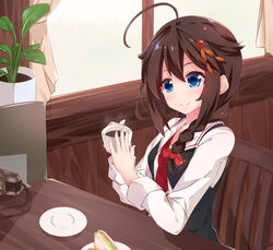  ahoge blue_eyes braid brown_hair camera coffee commentary cup disposable_coffee_cup disposable_cup female food hair_flaps hair_ornament hair_over_shoulder highres kantai_collection long_hair necktie sandwich shigure_(kancolle) shigure_kai_ni_(kancolle) single_braid smile solo window yoriha_yashiro 