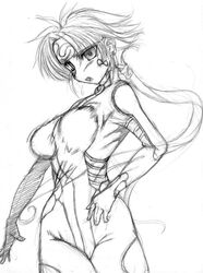  aria_advance breasts female greyscale medium_breasts monochrome pilot_suit ponytail sangekimaru super_robot_wars super_robot_wars_w 