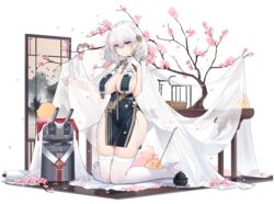  azur_lane between_breasts braid breast_curtains breasts cherry_blossoms china_dress chinese_clothes cleavage dress female french_braid full_body garter_straps gloves hair_between_eyes hair_ornament half_gloves high_heels highres kincora kneeling large_breasts manjuu_(azur_lane) official_alternate_costume official_art open_mouth pelvic_curtain red_eyes short_hair side_slit sirius_(azur_lane) sirius_(azure_horizons)_(azur_lane) skindentation solo thighhighs transparent_background veil white_gloves white_thighhighs 