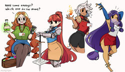  4girls :d ;d anklet armor armpits ass black_eyes black_pantyhose blue_gloves bracelet braid breasts brown_hair commentary couter dark-skinned_female dark_skin elbow_gloves english_commentary english_text epaulettes fantasy fire gauntlets glasses gloves greaves highres jewelry long_hair long_sword looking_at_viewer mole mole_on_thigh mole_under_eye mole_under_mouth monster_energy mouth_veil multiple_girls murgoten name_tag office_lady one_eye_closed open_mouth original pantyhose pauldrons pencil_skirt poleyn ponytail potion purple_hair rerebrace short_hair shoulder_armor sitting skirt smile sword teeth vambraces veil very_long_hair weapon 