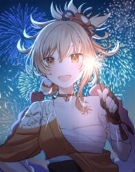  :d black_gloves blonde_hair breasts choker female fingerless_gloves fireworks genshin_impact gloves hair_ornament japanese_clothes kimono night night_sky open_mouth orange_eyes rktsm sarashi sky smile solo sparkler upper_body yoimiya_(genshin_impact) 