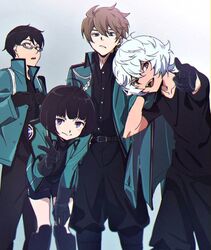  3boys ahoge amatori_chika anarchy_ptck bad_id bad_twitter_id belt black_belt black_gloves black_hair black_pants black_shorts blue_jacket bob_cut boots brown_hair closed_mouth collared_shirt cowboy_shot female glasses gloves grey_background hair_between_eyes hand_up holding holding_clothes holding_jacket hyuse jacket knee_boots kuga_yuuma long_sleeves looking_at_viewer mikumo_osamu mikumo_squad&#039;s_uniform multiple_boys open_mouth pants pointing pointing_at_viewer purple_eyes red_eyes shirt short_hair short_shorts shorts simple_background smile spoilers standing v white_hair world_trigger 