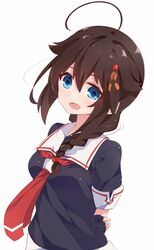  ahoge blue_eyes braid brown_hair female hair_flaps hair_ornament hair_over_shoulder highres kantai_collection long_hair looking_at_viewer necktie school_uniform serafuku shigure_(kancolle) shigure_kai_ni_(kancolle) simple_background single_braid smile solo white_background yoriha_yashiro 