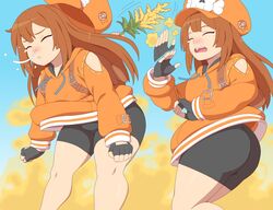  allergy anchor_symbol ass backpack bag bike_shorts brown_hair clenched_hands closed_eyes commission cowboy_shot disembodied_hand fanning_self female fingerless_gloves gloves guilty_gear guilty_gear_strive hat hay_fever kabeume long_hair may_(guilty_gear) multiple_views orange_headwear orange_hood orange_sweater pirate_hat plant pollen runny_nose simple_background skeb_commission skull skull_and_crossbones sneezing snot sweater tears 