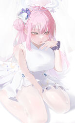  absurdres angel_wings bad_id bad_pixiv_id bare_arms bare_shoulders between_legs blue_archive blue_bow blush bow breasts crescent dress feathered_wings female frilled_dress frills hair_bun hair_ornament hair_scrunchie halo hand_between_legs hand_to_own_mouth hand_up highres large_breasts long_hair looking_away mika_(blue_archive) mookie_(e_mook9) pantyhose parted_lips scrunchie sidelocks simple_background single_hair_bun single_side_bun sitting sleeveless sleeveless_dress solo thighs wariza white_background white_dress white_pantyhose white_wings wing_ornament wings wrist_scrunchie yellow_eyes 