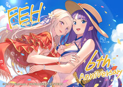  2girls :d altina_(fire_emblem) altina_(summer)_(fire_emblem) blue_eyes bracelet braid breasts casual_one-piece_swimsuit cloud day edelgard_von_hresvelg edelgard_von_hresvelg_(summer) fire_emblem fire_emblem:_radiant_dawn fire_emblem:_three_houses fire_emblem_heroes flower frilled_one-piece_swimsuit frills hair_flower hair_ornament hair_ribbon hat jewelry kakage large_breasts lens_flare long_hair looking_at_viewer multiple_girls navel official_alternate_costume official_art one-piece_swimsuit open_mouth outdoors pearl_bracelet purple_hair red_one-piece_swimsuit ribbon sky smile sun_hat swimsuit sword teeth upper_teeth_only very_long_hair water weapon white_flower white_hair white_one-piece_swimsuit 