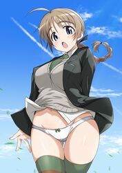  ahoge ass_visible_through_thighs blue_eyes bow bow_panties braid breasts brown_hair cameltoe commentary covered_nipples female large_breasts long_hair looking_at_viewer lynette_bishop minpei_ichigo multicolored_clothes multicolored_legwear no_pants open_mouth panties shiny_skin single_braid solo standing strike_witches striped_clothes striped_thighhighs sweater_vest thigh_gap thighhighs underwear white_panties world_witches_series 