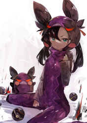  absurdres alternate_costume asymmetrical_bangs asymmetrical_hair black_hair blue_eyes clenched_teeth cosplay costume female hair_between_eyes hair_ribbon highres hood hood_up kaamin_(mariarose753) long_hair long_sleeves luxury_ball marnie_(pokemon) morpeko morpeko_(cosplay) morpeko_(hangry) poke_ball pokemon pokemon_(creature) pokemon_swsh red_eyes ribbon simple_background sitting teeth 