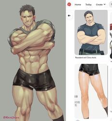  1boy abs absurdres bara black_hair black_shorts bulge chris_redfield clothes_lift facial_hair grey_shirt highres large_pectorals latex_underwear male_focus muscular muscular_male pectorals pinterest reddjackal reference_inset resident_evil resident_evil_5 shirt shirt_lift short_hair shorts smile solo thick_thighs thighs twitter_username undressing 