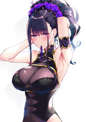  armlet armpits arms_behind_head arms_up bare_shoulders black_one-piece_swimsuit blush breasts cleavage commentary_request covered_navel duplicate fate/grand_order fate_(series) female flower gold_trim hair_flower hair_ornament hair_tie_in_mouth hair_up highleg highleg_swimsuit highres large_breasts long_hair looking_at_viewer mouth_hold murasaki_shikibu_(fate) murasaki_shikibu_(swimsuit_rider)_(fate) murasaki_shikibu_(swimsuit_rider)_(first_ascension)_(fate) one-piece_swimsuit pixel-perfect_duplicate pochi_(pochi-goya) purple_eyes purple_hair sidelocks sweat swimsuit tied_hair tying_hair white_background 