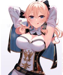  :p absurdres adjusting_hair armpits arms_up bare_shoulders blue_eyes blush bow breasts cleavage corset cross cross_earrings detached_sleeves earrings female genshin_impact hairbow highres izulizuru jean_(genshin_impact) jewelry large_breasts looking_at_viewer ponytail solo strapless sweat tongue tongue_out 