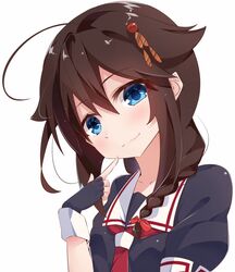  ahoge blue_eyes blush braid brown_hair female hair_flaps hair_ornament hair_over_shoulder highres kantai_collection long_hair looking_at_viewer necktie school_uniform serafuku shigure_(kancolle) shigure_kai_ni_(kancolle) simple_background single_braid smile solo white_background yoriha_yashiro 