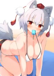  all_fours animal_ears bikini bluekalmia breasts female food food_in_mouth grey_hair hanging_breasts hat inubashiri_momiji looking_at_viewer medium_breasts pom_pom_(clothes) popsicle popsicle_in_mouth red_eyes short_hair solo swimsuit tail tokin_hat touhou wolf_ears wolf_girl wolf_tail 