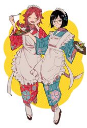  2girls ^_^ aoi_(yooo009) apron black_hair blue_eyes blush braid braided_ponytail closed_eyes food full_body glasses hand_up highres holding holding_spoon holding_tray japanese_clothes kimono kunichika_yuu long_hair long_sleeves looking_at_viewer maid_apron maid_headdress mikami_kaho multiple_girls open_mouth parted_bangs red_hair red_kimono sandals short_hair single_braid smile socks spoon tray wide_sleeves world_trigger 