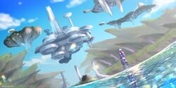  absurdres cloud day dutch_angle floating_city floating_island highres ocean outdoors protected_link reflection rei_(teponea121) scenery shulk_(xenoblade) signature sky water xenoblade_chronicles_(series) xenoblade_chronicles_1 