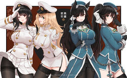  4girls :d ;d aiguillette animal_ear_fluff animal_ears aqua_eyes aqua_headwear aqua_skirt arm_up artist_name ascot atago_(azur_lane) atago_(azur_lane)_(cosplay) atago_(kancolle) atago_(kancolle)_(cosplay) azur_lane beret black_gloves black_hair black_pantyhose black_skirt black_thighhighs blonde_hair blunt_bangs blush bow breast_hold breasts brown_eyes buttons closed_mouth commentary cosplay costume_switch cowboy_shot crossover dishwasher1910 double-breasted duplicate english_commentary extra_ears frilled_sleeves frills garter_straps gloves green_eyes hair_ribbon hairbow hand_on_own_face hand_up hat historical_name_connection kantai_collection lace_trim large_breasts long_hair long_sleeves looking_at_viewer military military_uniform miniskirt multiple_girls name_connection one_eye_closed open_mouth outside_border panties panties_under_pantyhose pantyhose pantyshot peaked_cap pixel-perfect_duplicate pleated_skirt red_background red_eyes ribbon salute short_hair side_slit sidelocks skirt skirt_set smile standing swept_bangs takao_(azur_lane) takao_(azur_lane)_(cosplay) takao_(kancolle) takao_(kancolle)_(cosplay) thighband_pantyhose thighhighs underwear uniform upskirt very_long_hair w_arms white_ascot white_bow white_gloves white_headwear white_panties white_ribbon white_skirt 