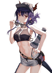  absurdres arknights armpits bare_arms bare_shoulders baseball_cap bikini black_bikini breasts ch&#039;en_(arknights) commentary contrapposto cowboy_shot cutoffs dragon_horns dragon_tail female female_tourist_c_(arknights) folded_ponytail grey_shorts ha_en hair_between_eyes halterneck hand_on_own_hip hand_up hat head_tilt heart highleg highleg_bikini highres holding holding_removed_eyewear horns horns_through_headwear long_hair looking_at_viewer medium_breasts navel official_alternate_costume open_fly pouch purple_hair red_eyes short_shorts shorts sidelocks simple_background solo standing stomach sunglasses swimsuit tail thighs unworn_eyewear white_background white_hat 