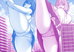  2girls ass blue_sky blue_theme blush breasts building closed_mouth cloud commentary_request contllenge day embarrassed giant giantess gridman_universe large_breasts leg_up long_sleeves looking_at_viewer monochrome multiple_girls multiple_monochrome open_mouth panties pink_theme school_uniform shinjou_akane shirt short_hair sky smile split ssss.gridman standing standing_on_one_leg standing_split takarada_rikka thighs underwear 