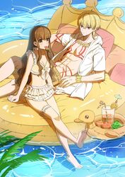  1boy absurdres afloat barefoot bikini blonde_hair brown_eyes brown_hair chunzisame commentary_request cup drinking_glass drinking_straw earrings fate/extra fate/extra_ccc fate_(series) feet female food food-themed_earrings frilled_bikini frills fruit gilgamesh_(fate) highres hood hoodie inflatable_duck jewelry kishinami_hakuno_(female) long_hair open_clothes open_hoodie orange_(fruit) popsicle red_eyes soles strawberry_earrings swimsuit tattoo thigh_strap toes water watermelon_bar yellow_bikini 