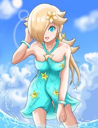  bare_arms bare_legs bare_shoulders bead_anklet blonde_hair blue_eyes blue_sky bracelet breasts cloud collarbone dress_swimsuit earrings female flower hair_flower hair_ornament hair_over_one_eye halterneck highres jewelry long_hair mario_(series) mario_kart mario_kart_tour official_alternate_costume print_swimsuit rosalina rosalina_(swimwear) sky solo star_(symbol) star_earrings star_print swimsuit yass_8mk 