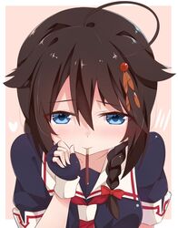  ahoge blue_eyes braid brown_hair female food hair_flaps hair_ornament highres kantai_collection pocky pocky_day shigure_(kancolle) shigure_kai_ni_(kancolle) single_braid solo yoriha_yashiro 