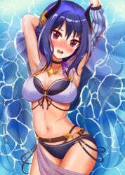  absurdres armpits belt bikini blue_hair blush breasts demon_girl demon_horns eleven_(eleven_szm11) embarrassed female hair_ornament halterneck highres horns jewelry large_breasts long_hair looking_at_viewer navel necklace open_mouth presenting_armpit princess_connect! reflection reflective_water rei_(princess_connect!) rei_(summer)_(princess_connect!) solo swimsuit water 