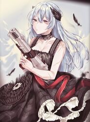  black_dress blue_hair breasts choker collarbone commentary dress female girls&#039;_frontline gun handgun highres holding holding_gun holding_weapon large_breasts long_hair looking_at_viewer official_alternate_costume parang red_eyes solo thunder_(black_swan&#039;s_dream)_(girls&#039;_frontline) thunder_(girls&#039;_frontline) triple_action_thunder weapon white_hair 