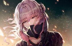  collarbone commentary covered_mouth female floating_hair gas_mask girls&#039;_frontline ha9na hair_ornament jacket long_hair looking_away mask open_clothes open_jacket pink_eyes pink_hair ponytail sidelocks solo st_ar-15_(girls&#039;_frontline) st_ar-15_(mod3)_(girls&#039;_frontline) upper_body wind 