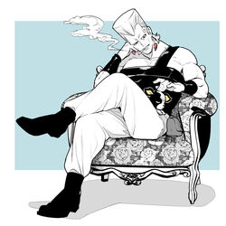  1boy animal animal_on_lap armchair boston_terrier bracer canine chair cigarette commentary crossed_legs dog_on_lap earrings elbow_rest fingernails flattop full_body grin head_rest iggy_(jojo) jean_pierre_polnareff jewelry jojo_no_kimyou_na_bouken looking_at_another looking_down male_focus muscular muscular_male nao258537182 on_lap pants partially_colored pectoral_cleavage pectorals petting simple_background single_strap sitting smile smoke smoking stardust_crusaders unmoving_pattern white_hair 