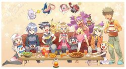  4boys 4girls axew barefoot beanie black_hair blonde_hair blue_eyes bonnie_(pokemon) brock_(pokemon) brown_hair cake christmas closed_mouth commentary_request couch dark-skinned_female dark_skin dated dawn_(pokemon) drinking eevee food glass greninja hair_ornament hairclip hands_up hat holding holding_plate incineroar iris_(pokemon) jigglypuff kfc lettuce long_hair merry_christmas mewtwo moltres multiple_boys multiple_girls nintendo_switch open_mouth pancham pants paul_(pokemon) pikachu piplup plate playing_games pointing pokemon pokemon_(anime) pokemon_(creature) pokemon_bw_(anime) pokemon_dppt_(anime) pokemon_hgss pokemon_xy_(anime) sasairebun satoshi_(pokemon) serena_(pokemon) short_hair sitting smile spoken_character sunglasses table teeth tied_hair toes tongue trip_(pokemon) white_headwear 