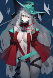  aqua_hat aqua_sash arknights ascot ass_visible_through_thighs bare_shoulders black_ascot black_ribbon blue_background breasts commentary_request cowboy_shot dress female grey_hair hair_between_eyes hair_ornament hat head_tilt highres leg_ribbon long_hair looking_at_viewer medium_breasts navel official_alternate_costume parted_lips red_dress red_eyes ribbon sash simple_background skadi_(arknights) skadi_the_corrupting_heart_(arknights) slingshot_swimsuit solo swimsuit thigh_gap uusquid very_long_hair 