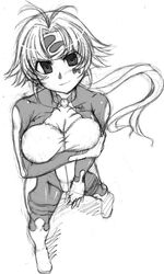  aria_advance arms_under_breasts breasts female greyscale large_breasts monochrome pilot_suit ponytail sangekimaru smile super_robot_wars super_robot_wars_w 