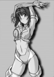  arms_up breasts female greyscale katia_grineal medium_breasts monochrome navel sangekimaru super_robot_wars super_robot_wars_judgement 