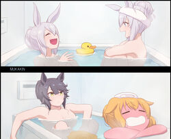  4girls alternate_hairstyle animal_ears artist_name bath bathing bathroom breasts brown_hair cleavage closed_mouth commentary_request exhausted grey_eyes grey_hair heat_stroke highres horse_ears horse_girl large_breasts laughing long_hair mayano_top_gun_(umamusume) mukakin multiple_girls narita_brian_(umamusume) nude oerba_yun_fang oguri_cap_(umamusume) orange_hair partially_submerged rubber_duck same-sex_bathing shared_bathing tamamo_cross_(umamusume) towel towel_on_head umamusume water yellow_eyes 