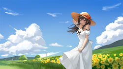  absurdres arm_behind_head bare_shoulders black_bow black_hair blue_eyes blue_sky bow breasts cleavage cloud collarbone commentary_request cowboy_shot crossed_bangs day dress female flower frilled_sleeves frills grass hair_between_eyes hat highres lifting_own_clothes long_hair looking_at_viewer looking_to_the_side mountain off-shoulder_dress off_shoulder open_mouth original outdoors plain scenery short_sleeves sidelocks sky solo standing straw_hat sunflower tari_(aegr3883) teeth tree upper_teeth_only white_dress wind wind_turbine 