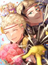  2boys 2girls absurdres bare_shoulders blonde_hair blue_eyes bouquet breasts cleavage closed_eyes dress dual_persona father_and_daughter fire_emblem fire_emblem_awakening fire_emblem_fates fire_emblem_heroes gloves grandmother_and_granddaughter green_eyes hand_over_face highres holding holding_bouquet lissa_(fire_emblem) lissa_(valentine)_(fire_emblem) long_hair looking_at_viewer male_focus medium_breasts mother_and_son multiple_boys multiple_girls odin_(fire_emblem) odin_(resplendent)_(fire_emblem) official_alternate_costume open_mouth ophelia_(fire_emblem) owain_(fire_emblem) owain_(valentine)_(fire_emblem) petals reaching reaching_towards_viewer twintails upper_body white_dress yellow_gloves youhei_choregi 